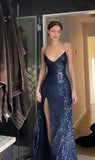 Modest Mermaid V Neckline Spaghetti Straps Ball Dresses Long Formal Gowns Black Sequin Slit Prom Dresses Evening Gowns HZ0311
