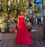 Simple A line Strapless Red Sleeveless Chiffon Simple Evening Formal Prom Dresses With Scarf HZ0311