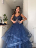 Modest Ball Gown Spaghetti Straps Navy Blue Tulle Lace Long Prom Dress Evening Formal Gowns For Teens HZ0311