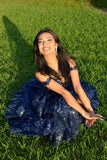 Elegant Ball Gown Sweetheart With Lace Strap Navy Blue Long Pleated Ruffles Slit Prom Dresses Vestidos De Dia HZ0311
