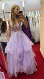 Unique Ball Gown V Neckline Lilac Tulle Lace Prom Dresses Formal Long Tiered Evening Party Gowns Vestidos De Dia HZ0311