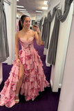 Pink Floral Corset Ball Gown Floral Blush Tiered Chiffon Long Corset Prom Dress with Slit Formal Evening Gowns HZ0311