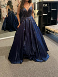 Modest A Line Spaghetti Straps Navy Blue Satin With Beadings Backless Party Long Prom Dresses HZ0311