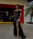 Glittery Mermaid Off The Shoulder Prom Dresses For Black People Girls Sequin Beaded Crystals Long Formal Evening Party Gown HZ0311