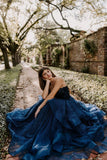 Modest Ball Gown Sweetheart Navy Blue Tulle Long Prom Dress Evening Formal Gowns HZ0311