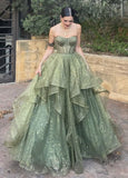Modest Ball Gown Sweetheart Sage Green Tulle Long Prom Dress Evening Formal Gowns HZ0311