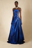 A-Line Navy Blue Strapless Satin Beading Vintage Long Party Dress Evening Dress, HZ0427