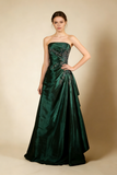 A-Line Navy Blue Strapless Satin Beading Vintage Long Party Dress Evening Dress, HZ0427