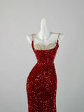 Chic Mermaid Spaghetti Strap Red Sequins Long Party Dresses Prom Dresses Impress Formal Party Dress HZ0311