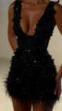 Sparkly Sheath V Neck White Feathers Beaded Wedding Dress Short Bridal Gown Wedding Dresses HZ0311