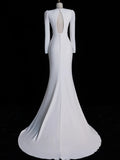 Simple Mermaid V Neckline Satin Long Sleeves White Satin Wedding Dress Fairytale Autumn Bridal Dresses HZ0311