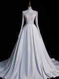 Timeless Ball Gown High Neck Long Sleeves Lace White Wedding Dress Open Backs Fairytale Boho Beach Summer Bridal Dresses HZ0311