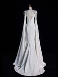 Timeless Mermaid Scoop Neckline Satin With Long Sleeves White Wedding Dress Fairytale Boho Beach Summer Bridal Dresses HZ0311