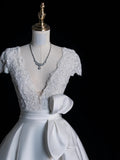 Timeless Ball Gown V Neckline Satin With Short Sleeves White Lace Wedding Dress Fairytale Boho Beach Summer Bridal Dresses HZ0311