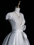 Timeless Ball Gown V Neckline Satin With Short Sleeves White Lace Wedding Dress Fairytale Boho Beach Summer Bridal Dresses HZ0311