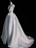 Timeless Ball Gown V Neckline Satin With Short Sleeves White Lace Wedding Dress Fairytale Boho Beach Summer Bridal Dresses HZ0311
