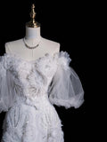 Princess Ball Gown Off The Shoulder Tulle With Sleeves White Lace Wedding Dress Fairytale Boho Summer Bridal Dresses HZ0311