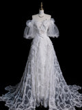 Princess Ball Gown Off The Shoulder Tulle With Sleeves White Lace Wedding Dress Fairytale Boho Summer Bridal Dresses HZ0311