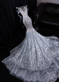Princess Mermaid Scoop Silver Sequined With Sleeves Wedding Dress Fairytale Boho Summer Sparkly Bridal Dresses HZ0311