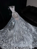 Princess Mermaid Scoop Silver Sequined With Sleeves Wedding Dress Fairytale Boho Summer Sparkly Bridal Dresses HZ0311
