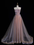 Cute A Line Strapless Pink Tulle Appliqued Long Prom Dress Evening Outfits Formal Dress HZ0311