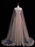 Cute A Line Strapless Pink Tulle Appliqued Long Prom Dress Evening Outfits Formal Dress HZ0311