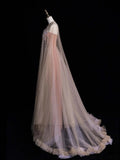 Cute A Line Strapless Pink Tulle Appliqued Long Prom Dress Evening Outfits Formal Dress HZ0311
