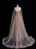 Cute A Line Strapless Pink Tulle Appliqued Long Prom Dress Evening Outfits Formal Dress HZ0311