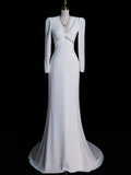 Simple Mermaid V Neckline Satin Long Sleeves White Satin Wedding Dress Fairytale Autumn Bridal Dresses HZ0311