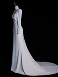 Simple Mermaid V Neckline Satin Long Sleeves White Satin Wedding Dress Fairytale Autumn Bridal Dresses HZ0311