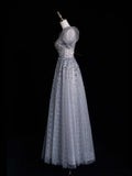 Modest Ball Gown Scoop Silver Gray Tulle Long Short Sleeves Prom Dresses For High School People Girls Formal Bridesmaid Dress HZ0311