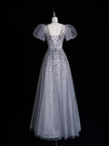 Modest Ball Gown Scoop Silver Gray Tulle Long Short Sleeves Prom Dresses For High School People Girls Formal Bridesmaid Dress HZ0311