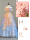 Cute Ball Gown Strapless Pink Blue Tulle Long Prom Dresses For High School People Girls Formal Evening Dress HZ0311