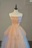 Cute Ball Gown Strapless Pink Blue Tulle Long Prom Dresses For High School People Girls Formal Evening Dress HZ0311