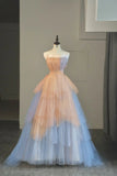 Cute Ball Gown Strapless Pink Blue Tulle Long Prom Dresses For High School People Girls Formal Evening Dress HZ0311