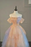 Cute Ball Gown Strapless Pink Blue Tulle Long Prom Dresses For High School People Girls Formal Evening Dress HZ0311