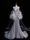 Charming Mermaid High Neck Silver Grey With Feathers Cape Sequins Long Prom Dresses Evening Outfits Formal Dress HZ0311