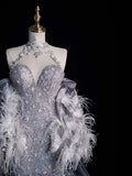 Charming Mermaid High Neck Silver Grey With Feathers Cape Sequins Long Prom Dresses Evening Outfits Formal Dress HZ0311