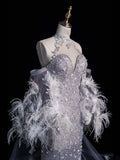 Charming Mermaid High Neck Silver Grey With Feathers Cape Sequins Long Prom Dresses Evening Outfits Formal Dress HZ0311