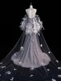 Charming Mermaid High Neck Silver Grey With Feathers Cape Sequins Long Prom Dresses Evening Outfits Formal Dress HZ0311