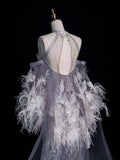 Charming Mermaid High Neck Silver Grey With Feathers Cape Sequins Long Prom Dresses Evening Outfits Formal Dress HZ0311