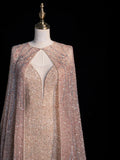 Charming Mermaid Spaghetti Strap Pink With Cape Sequins Long Prom Dresses Evening Outfits Formal Dress HZ0311