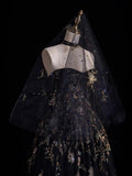 Modest Ball Gown Sweetheart Black Tulle Lace Long Prom Dresses For High School People Girls Formal Bridesmaid Dress HZ0311