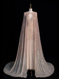 Charming Mermaid Spaghetti Strap Pink With Cape Sequins Long Prom Dresses Evening Outfits Formal Dress HZ0311