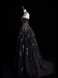 Modest Ball Gown Sweetheart Black Tulle Lace Long Prom Dresses For High School People Girls Formal Bridesmaid Dress HZ0311