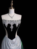 Charming Mermaid Strapless Silver Gray With Beaded Long Prom Dresses Evening Outfits Formal Dress HZ0311