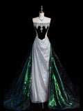 Charming Mermaid Strapless Silver Gray With Beaded Long Prom Dresses Evening Outfits Formal Dress HZ0311