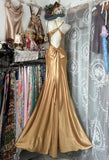 Elegant Mermaid V Neck Gold Backless Satin Long Prom Dresses For Teens Evening Outfits Formal Dress HZ0311