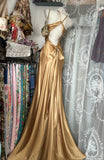 Elegant Mermaid V Neck Gold Backless Satin Long Prom Dresses For Teens Evening Outfits Formal Dress HZ0311