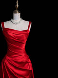 Unique Mermaid Square Neck Red Satin Long Prom Dresses Evening Outfits Formal Dress HZ0311